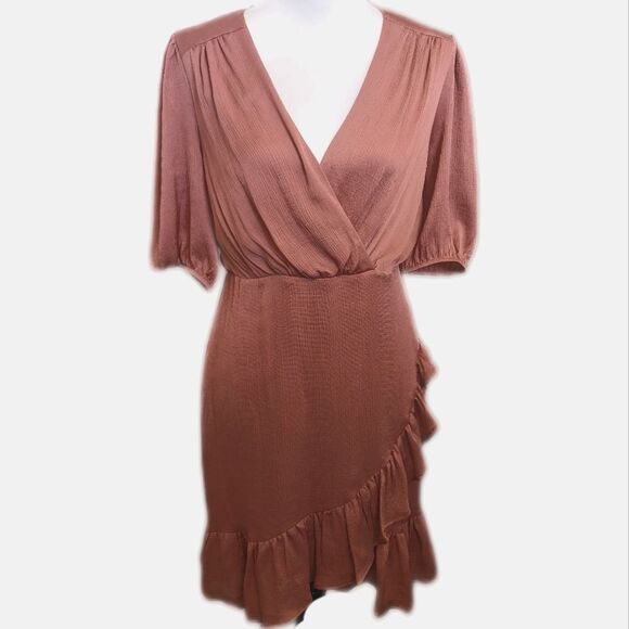 Express faux wrap-front dress, dusty rose mauve, puff sleeve, silky material S - Picture 1 of 7